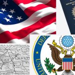 Montagem com a bandeira dos EUA, um passaporte brasileiro, o brasão da embaixada americana e um pequeno mapa.