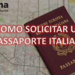 Foto de um passaporte italiano, e a logo da empresa Alpha Traduções