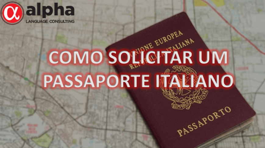 Foto de um passaporte italiano, e a logo da empresa Alpha Traduções