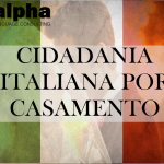 Bandeira italiana (verde, branco e vermelho), com a frase "CIDADANIA ITALIANA POR CASAMENTO", e no canto superior esquerdo a logo da empresa ALpha Language Consulting