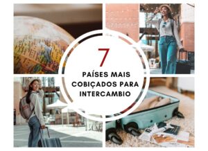 7 Países mais cobiçados para intercambio (A imagem é dividida em 4 partes, na primeira tem um globo mundial, na segunda uma estudando sorrindo ao chegar no destino, na terceira a mesma estudante está de costas segurando uma mala, e na ultima imagem, tem uma mala no chão com varios itens para seguem guardados).