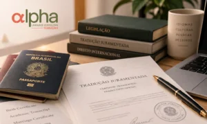 Documentos para tradução juramentada ao lado de passaporte brasileiro