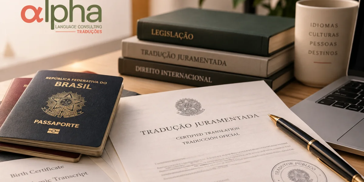 Documentos para tradução juramentada ao lado de passaporte brasileiro